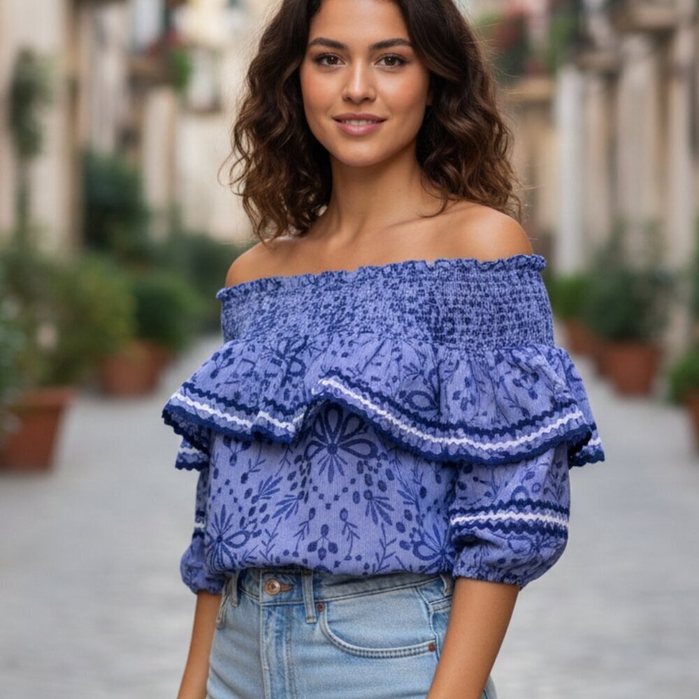 Red Carter Smocked Eyelet Off-Shoulder Top, Size Small - Tropical Vibes!
